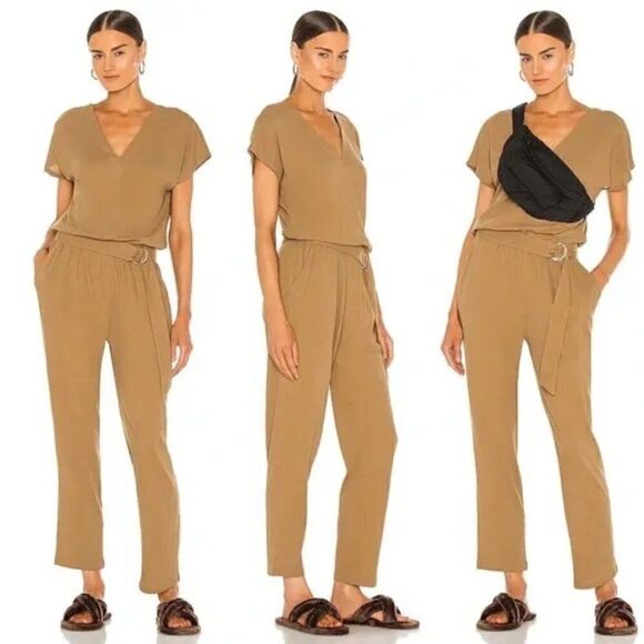 ATM  Anthony Thomas Melillo Khaki High Torison Belted V-neck Jumpsuit LARGE - Picture 1 of 13